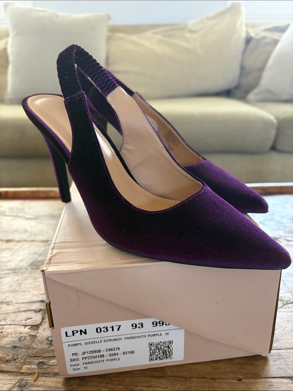 JustFab Parachute Purple Velvet Slingback Pumps